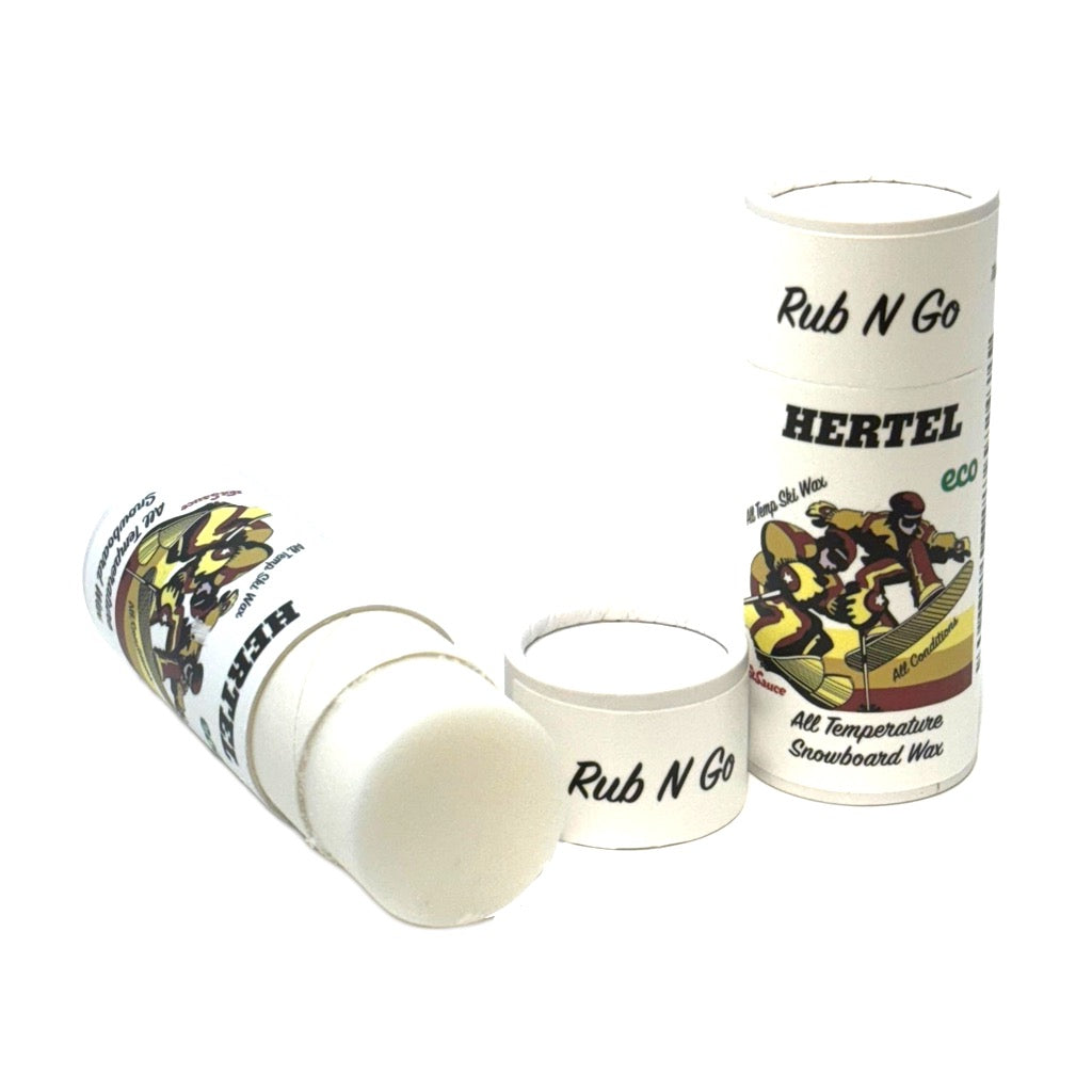  tube of Rub N Go ski and snowboard wax with its cap and label visible, indicating it is an all temperature wax made in the USA.