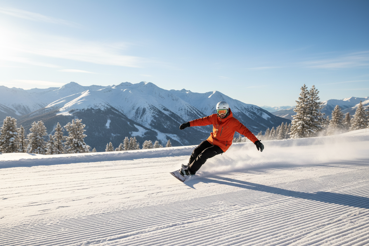 Snowboarder on cat track